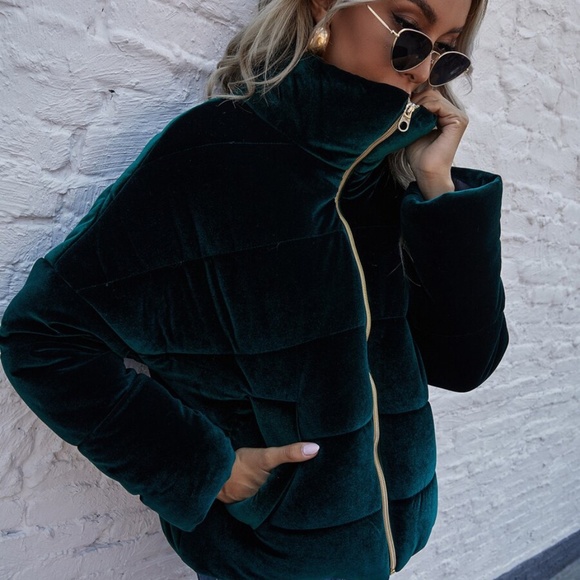 Cozy emerald green zipper velvet puffy bomber jacket Coat - Picture 7 of 7